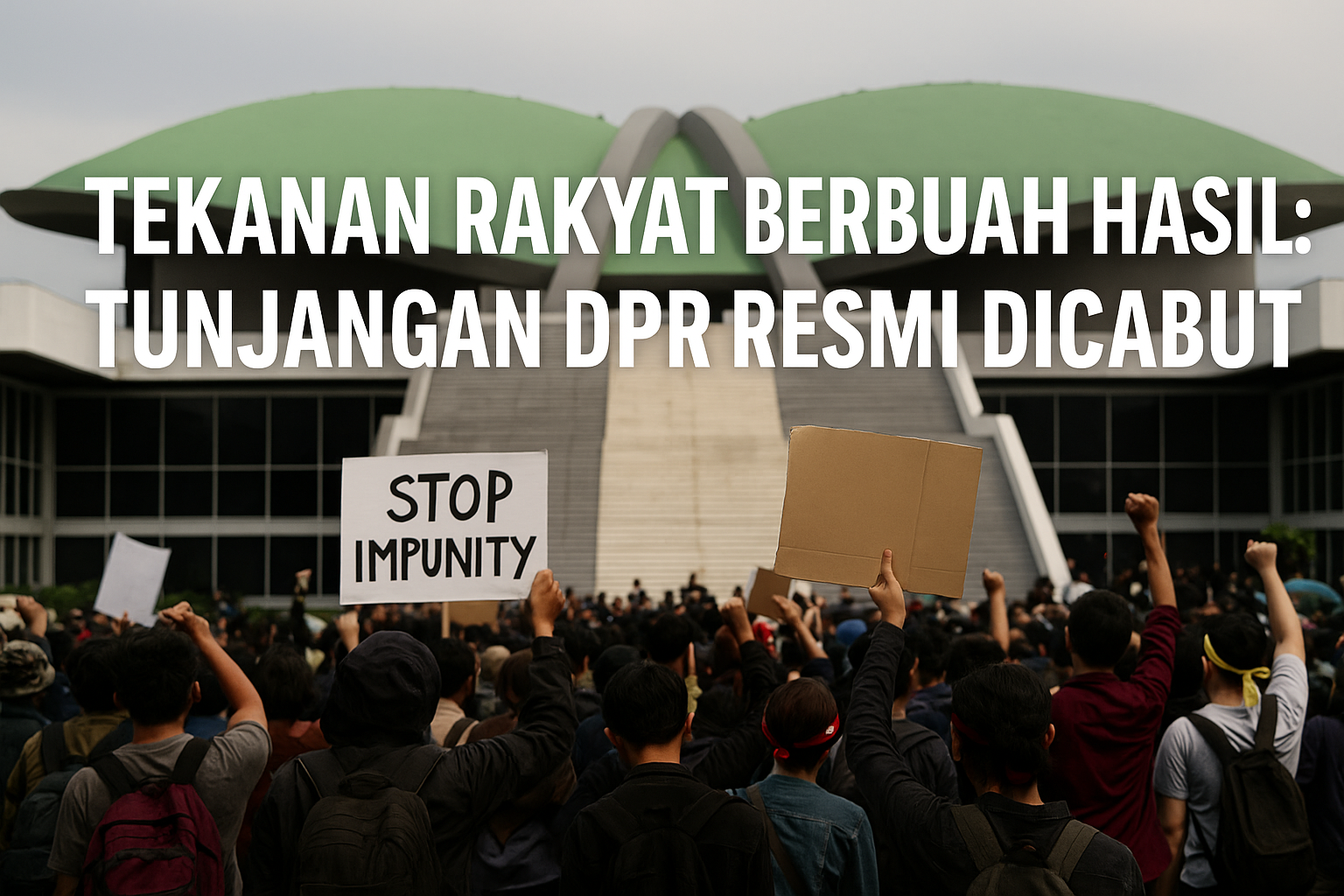 Massa demonstrasi di depan Gedung DPR dengan teks headline Tekanan Rakyat Berbuah Hasil: Tunjangan DPR Resmi Dicabut
