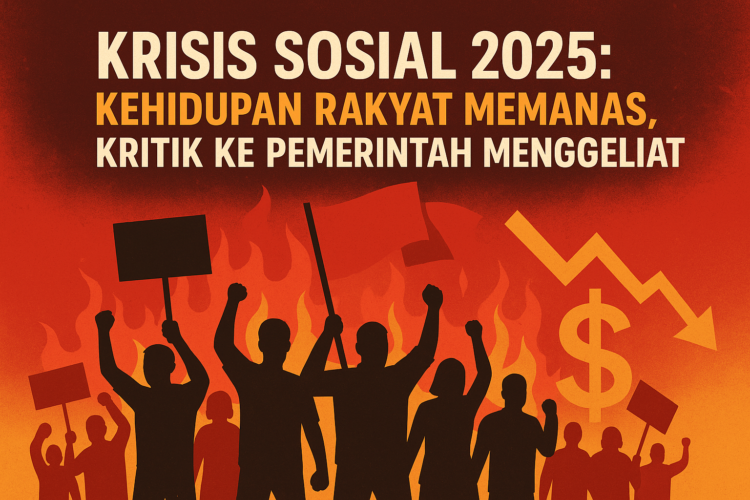 Krisis Sosial 2025 dengan rakyat melakukan demonstrasi, membawa spanduk dan bendera protes, disertai simbol krisis ekonomi