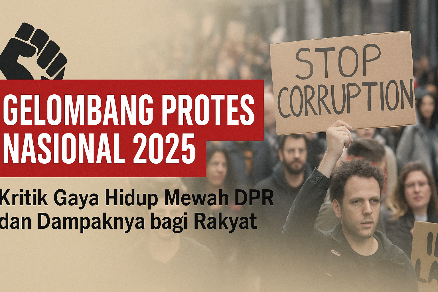 Gelombang protes nasional 2025 menentang gaya hidup mewah DPR dengan demonstrasi massa membawa spanduk stop korupsi