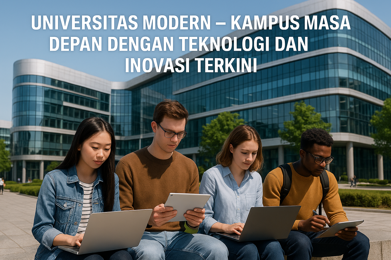 aMahasiswa belajar menggunakan laptop dan tablet di depan gedung kampus modern futuristik Universitas Modern di Indonesia dengan suasana digital dan hijau