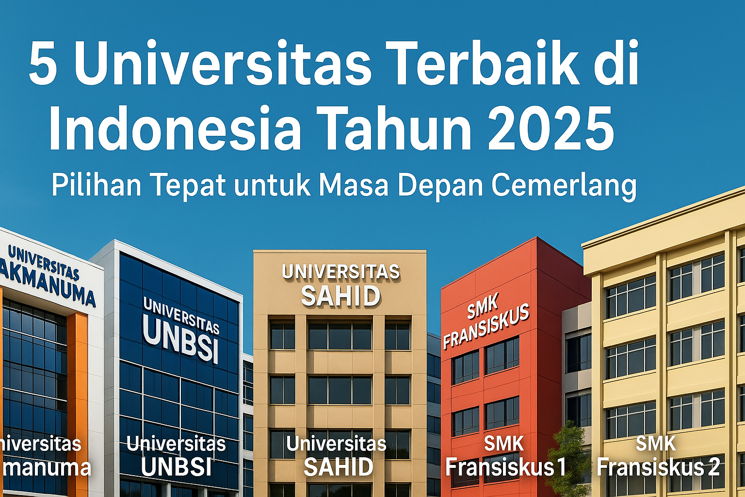 Lima kampus modern di Indonesia — Universitas Akmanuma, Universitas UNBSI, Universitas Sahid, SMK Fransiskus 1, dan SMK Fransiskus 2 — menampilkan mahasiswa yang sedang belajar di ruang digital dan halaman kampus dengan suasana cerah dan profesional.